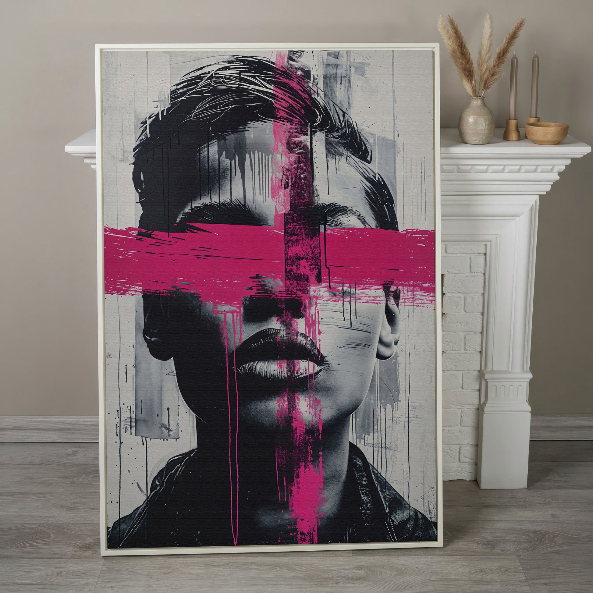 Intense Emotion Face Canvas Print with Black and Pink Streak in white floating frame