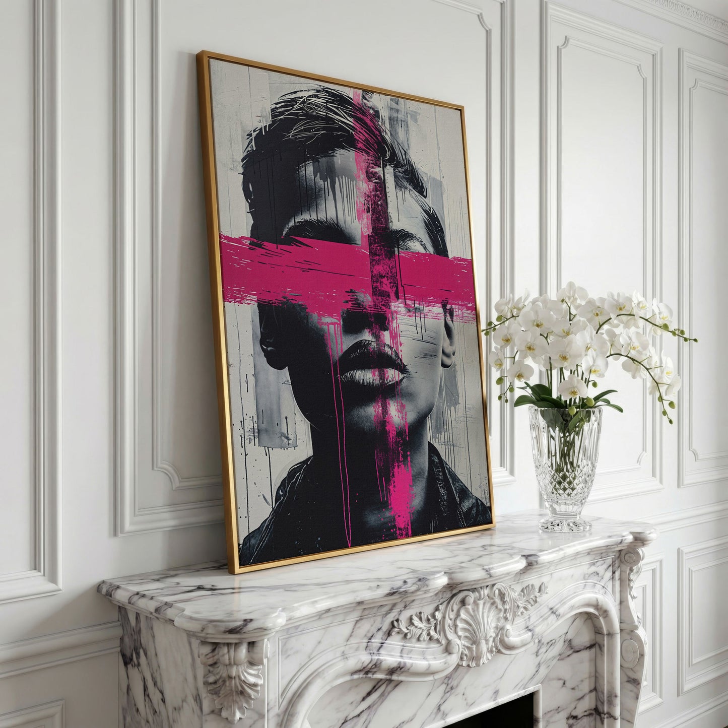 Intense Emotion Face Canvas Print with Black and Pink Streak in yellow gold floating frame