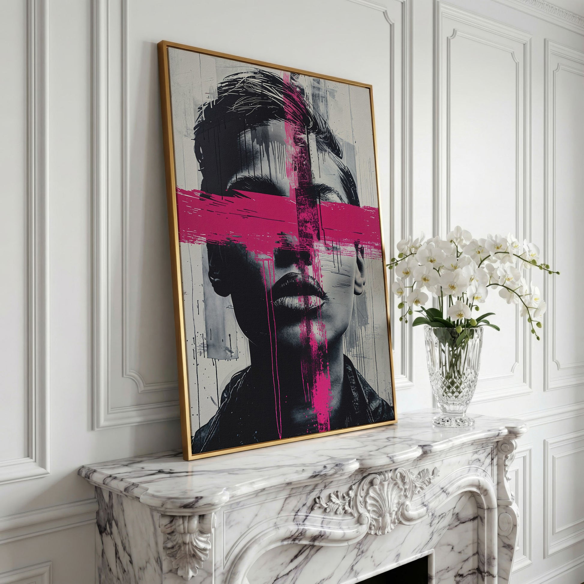 Intense Emotion Face Canvas Print with Black and Pink Streak in yellow gold floating frame