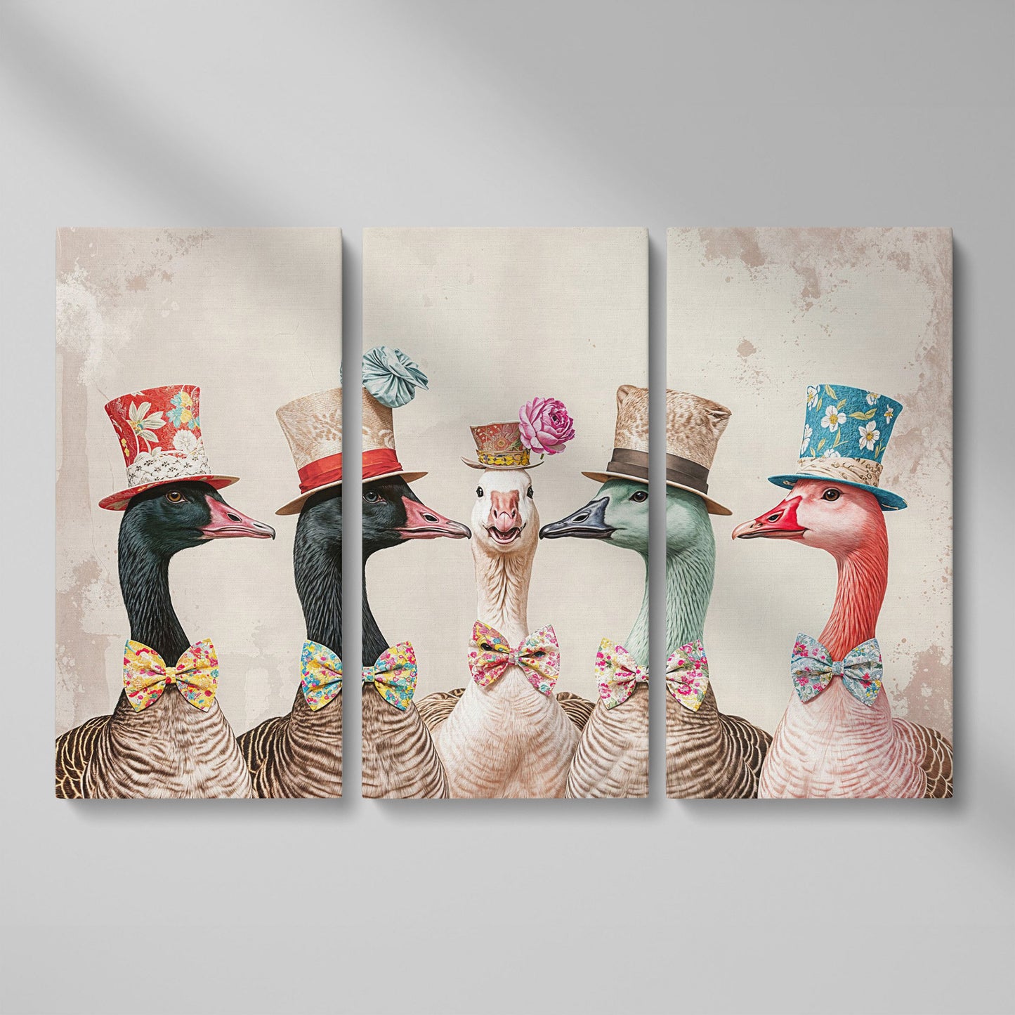 Five Geese in Top Hats and Bow Ties Canvas Wall Art as 3-panel split version