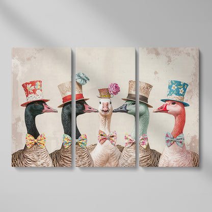 Five Geese in Top Hats and Bow Ties Canvas Wall Art as 3-panel split version