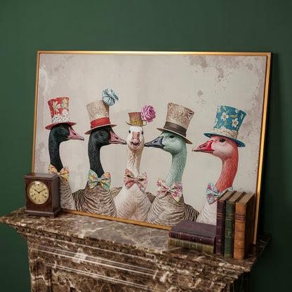 Five Geese in Top Hats and Bow Ties Canvas Wall Art in antique gold floating frame
