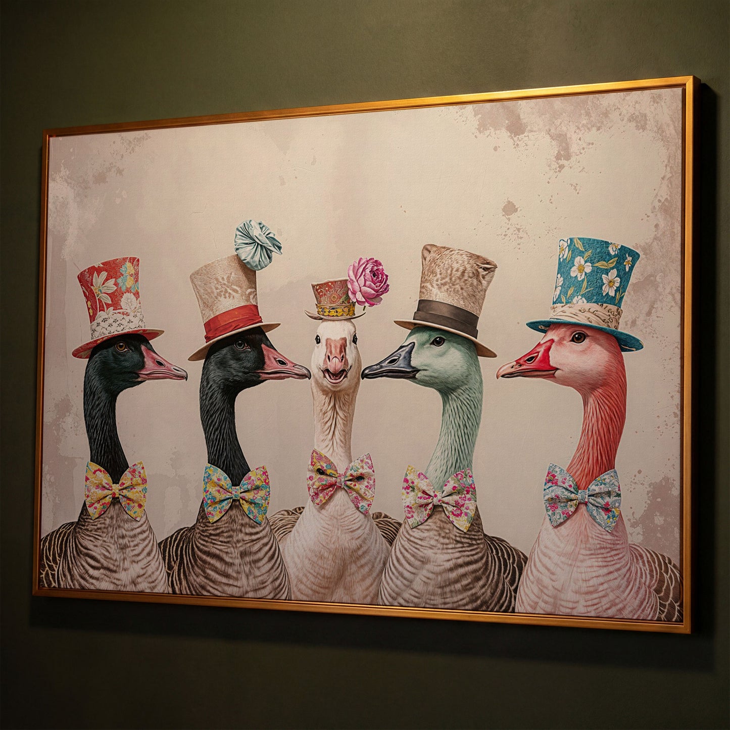 Five Geese in Top Hats and Bow Ties Canvas Wall Art shown in antique gold floating frame