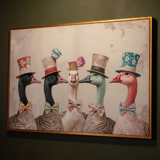 Five Geese in Top Hats and Bow Ties Canvas Wall Art shown in antique gold floating frame