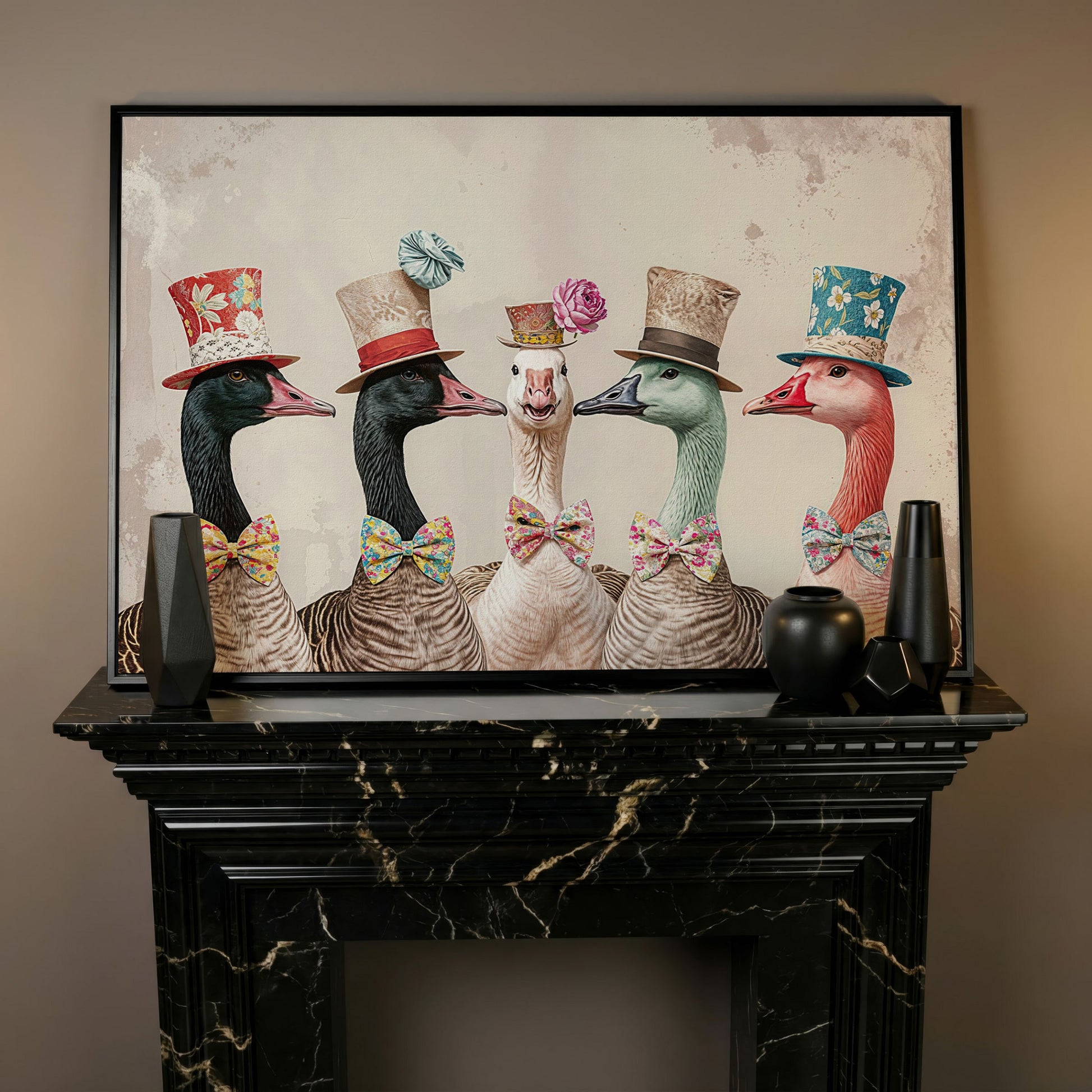Five Geese in Top Hats and Bow Ties Canvas Wall Art in black floating frame