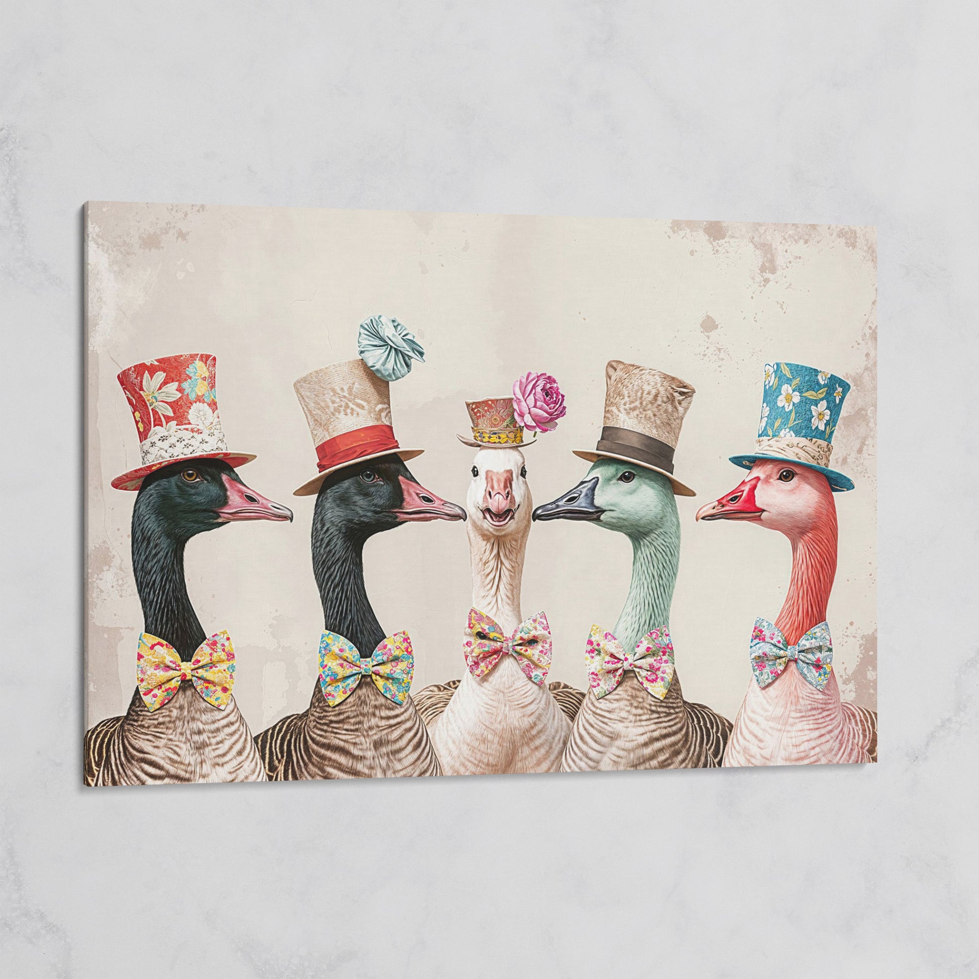 Five Geese in Top Hats and Bow Ties Canvas Wall Art on gallery wrap
