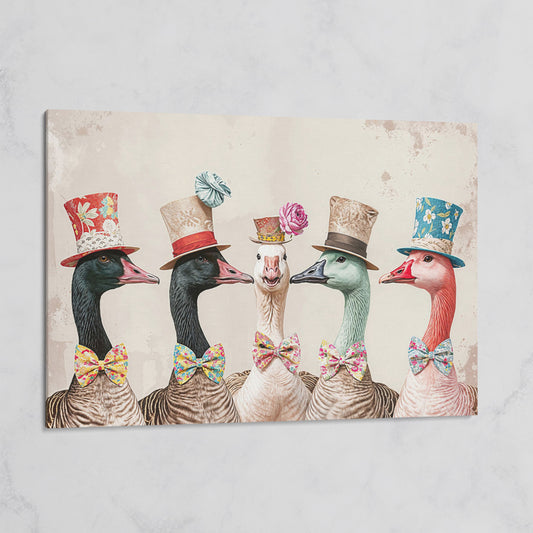 Five Geese in Top Hats and Bow Ties Canvas Wall Art on gallery wrap