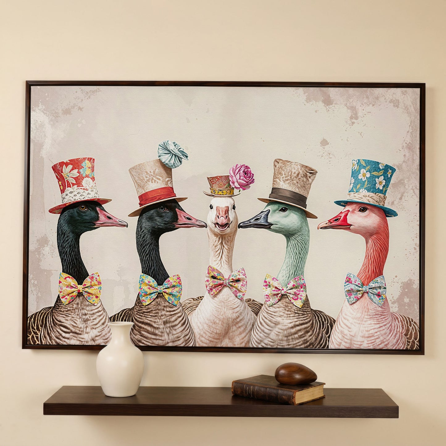 Five Geese in Top Hats and Bow Ties Canvas Wall Art in dark walnut floating frame