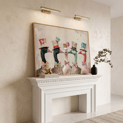 Five Geese in Top Hats and Bow Ties Canvas Wall Art in white oak floating frame