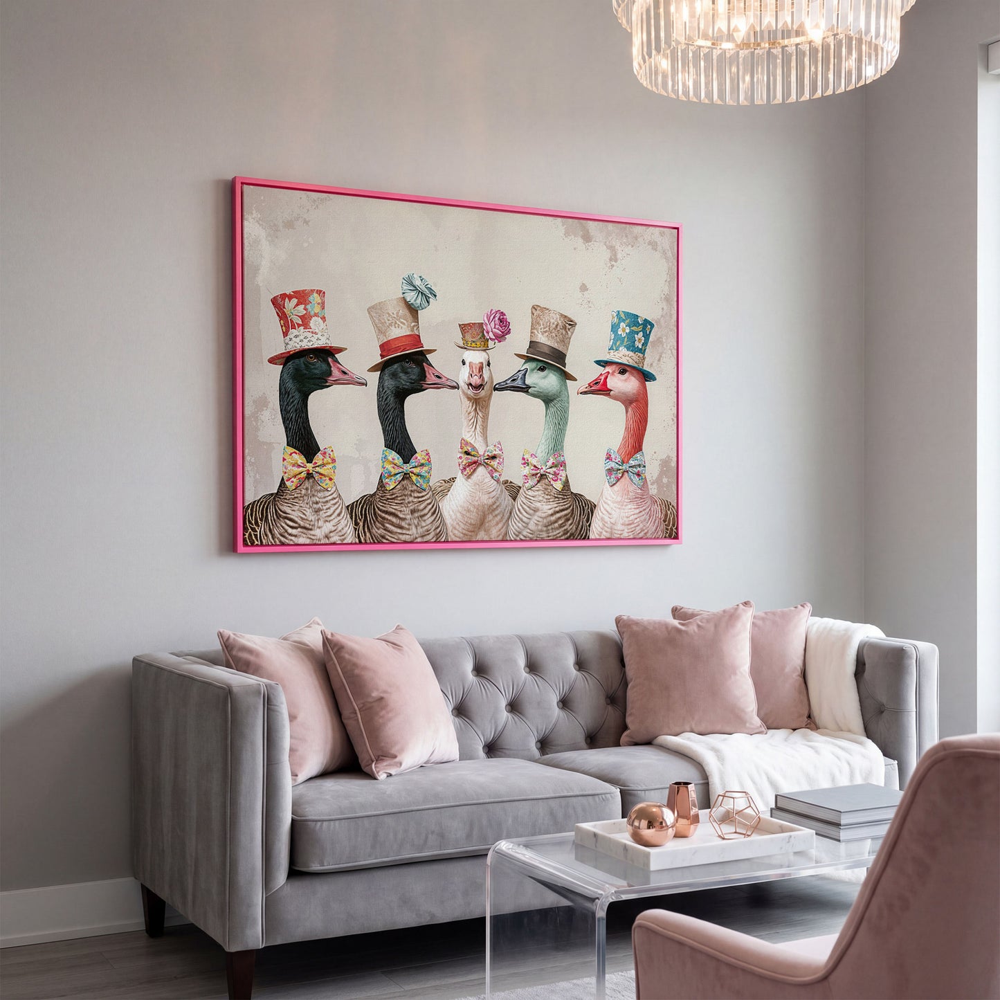 Five Geese in Top Hats and Bow Ties Canvas Wall Art in pink floating frame