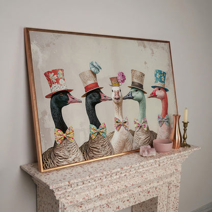 Five Geese in Top Hats and Bow Ties Canvas Wall Art in rose gold floating frame