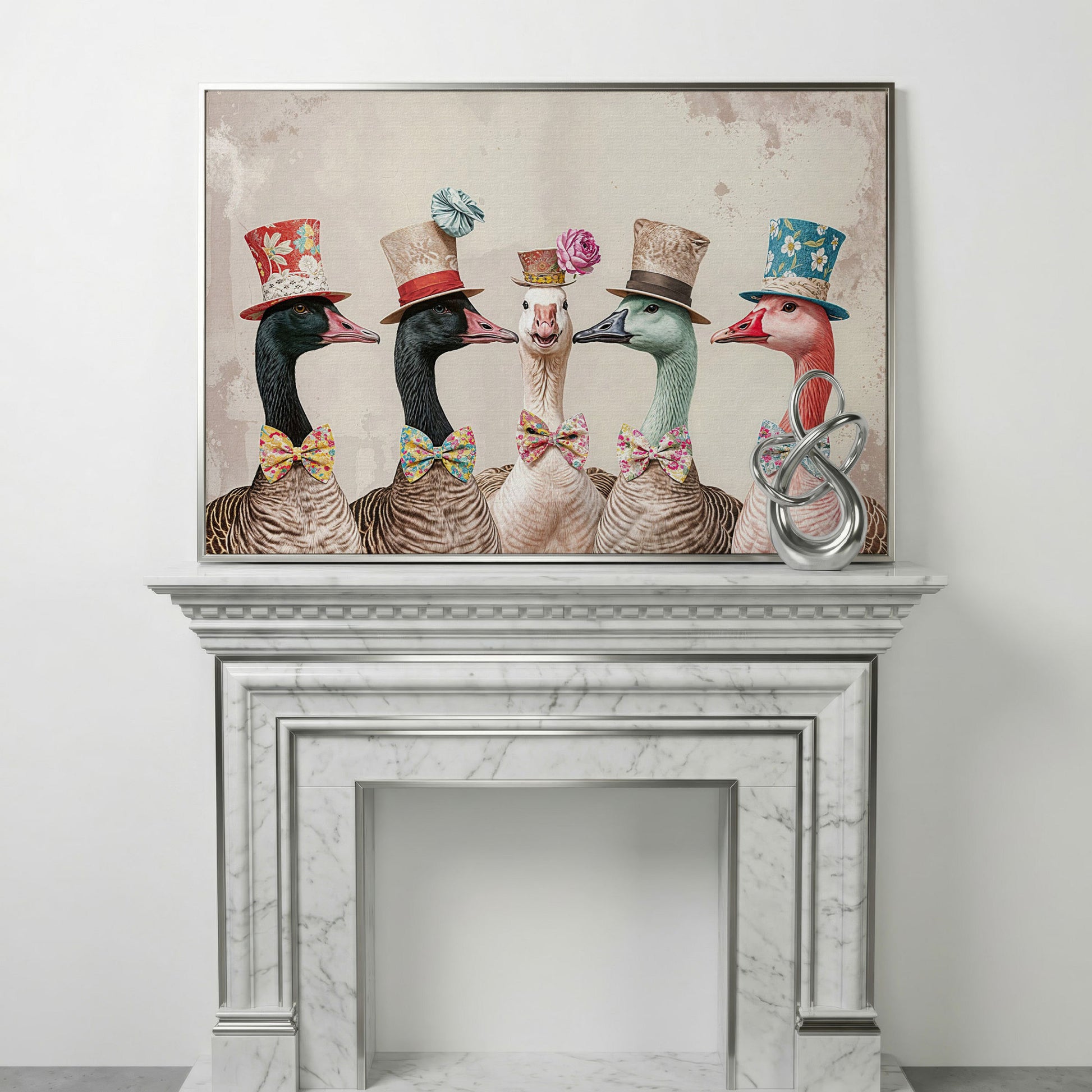 Five Geese in Top Hats and Bow Ties Canvas Wall Art in silver floating frame