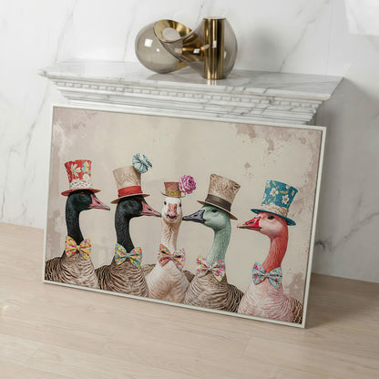 Five Geese in Top Hats and Bow Ties Canvas Wall Art in white floating frame