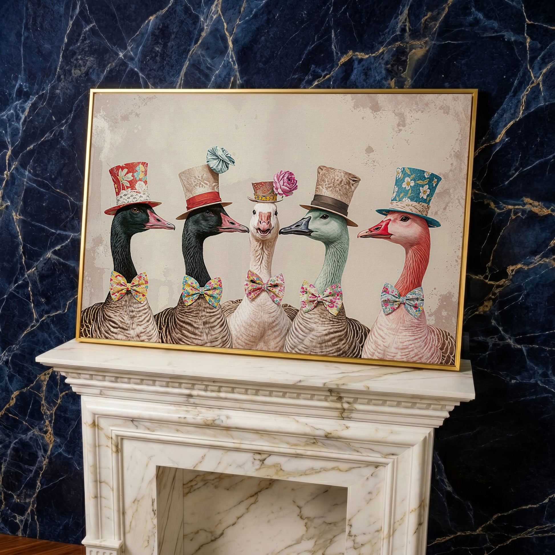 Five Geese in Top Hats and Bow Ties Canvas Wall Art in yellow gold floating frame