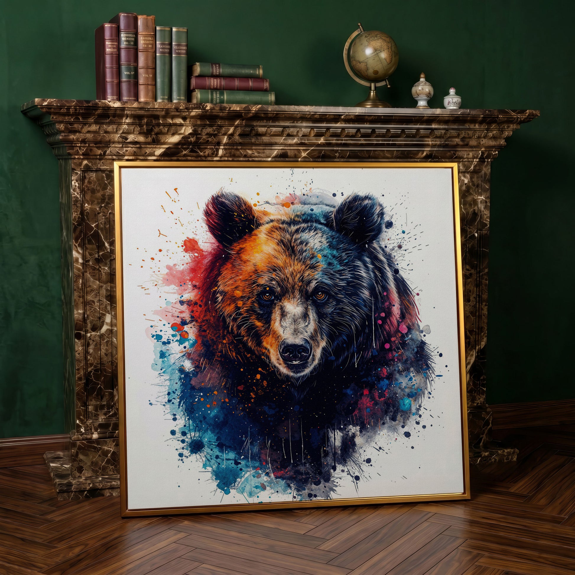 Abstract Grizzly Bear Face Canvas Wall Art in antique gold floating frame