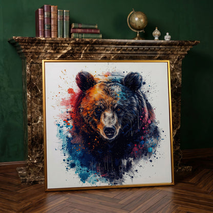 Abstract Grizzly Bear Face Canvas Wall Art in antique gold floating frame