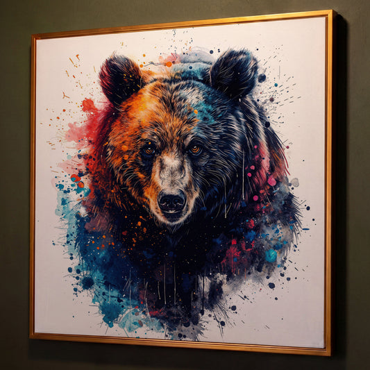 Abstract Grizzly Bear Face Canvas Wall Art shown in antique gold floating frame
