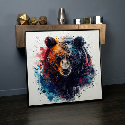Abstract Grizzly Bear Face Canvas Wall Art in black floating frame