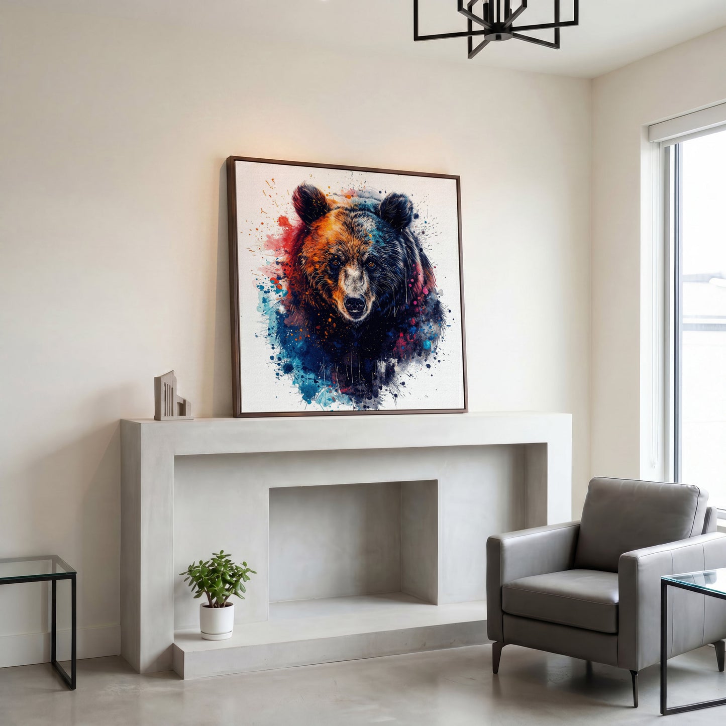 Abstract Grizzly Bear Face Canvas Wall Art in dark walnut floating frame