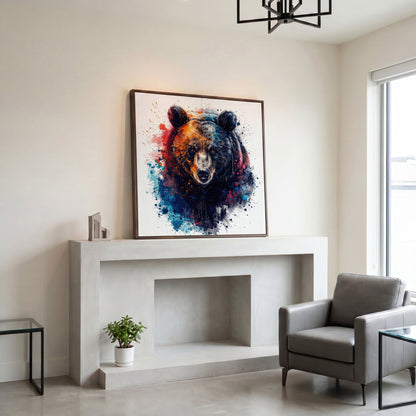 Abstract Grizzly Bear Face Canvas Wall Art in dark walnut floating frame