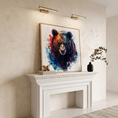 Abstract Grizzly Bear Face Canvas Wall Art in white oak floating frame