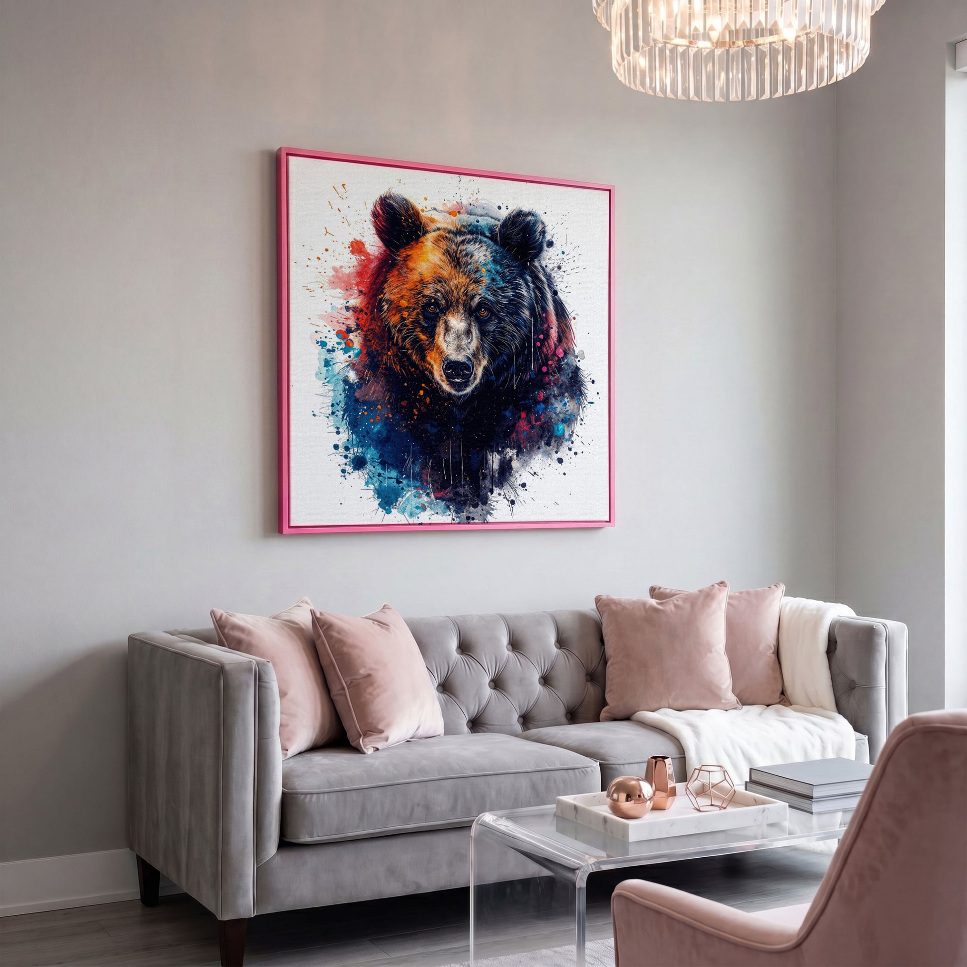 Abstract Grizzly Bear Face Canvas Wall Art in pink floating frame