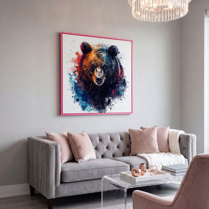 Abstract Grizzly Bear Face Canvas Wall Art in pink floating frame
