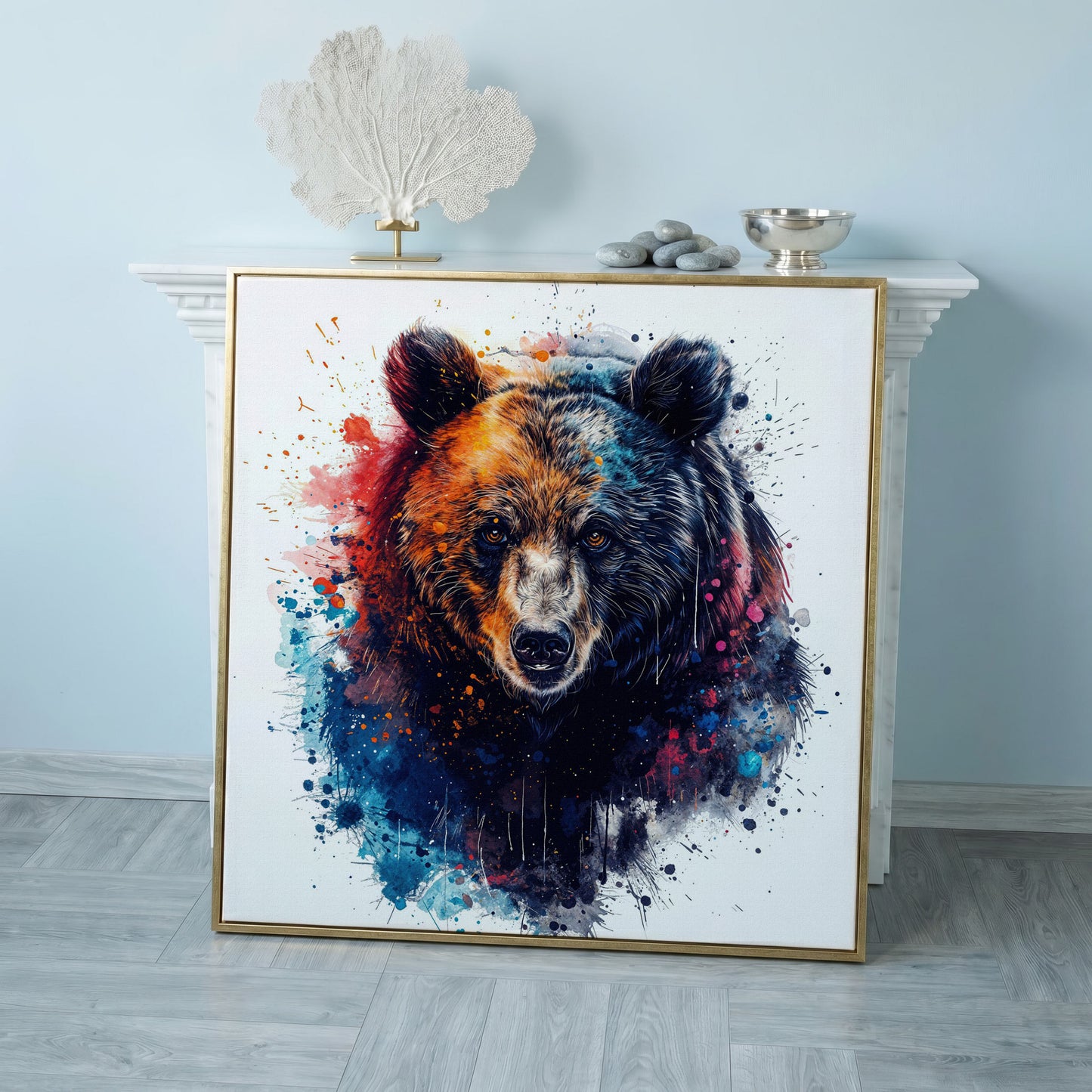 Abstract Grizzly Bear Face Canvas Wall Art in rose gold floating frame