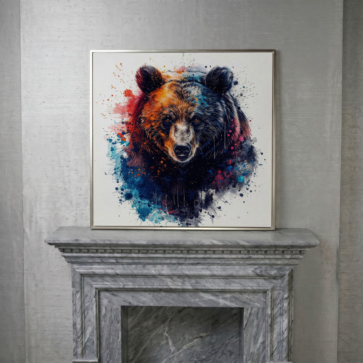 Abstract Grizzly Bear Face Canvas Wall Art in silver floating frame