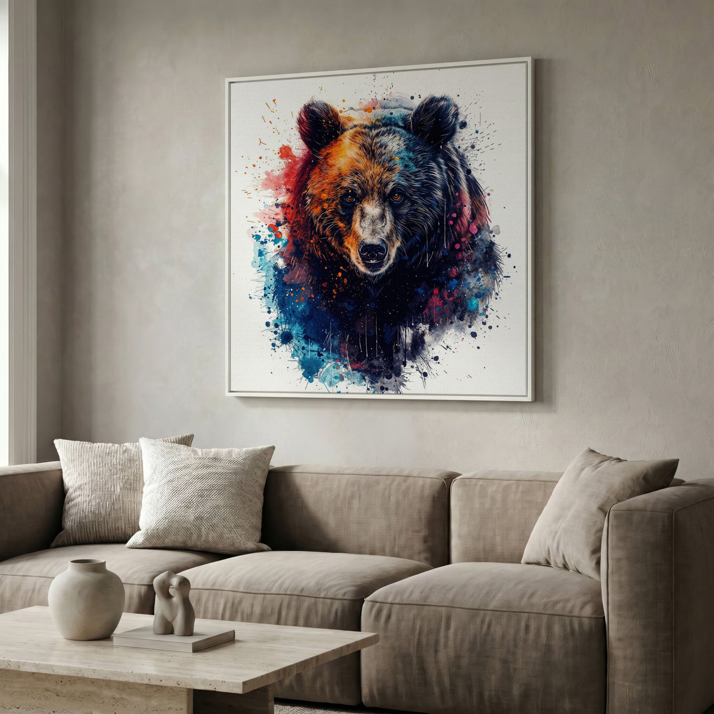 Abstract Grizzly Bear Face Canvas Wall Art in white floating frame