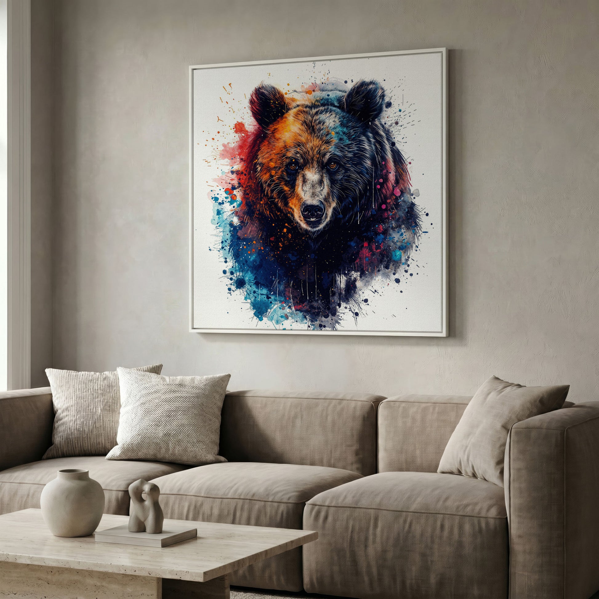 Abstract Grizzly Bear Face Canvas Wall Art in white floating frame