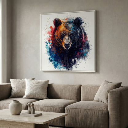 Abstract Grizzly Bear Face Canvas Wall Art in white floating frame