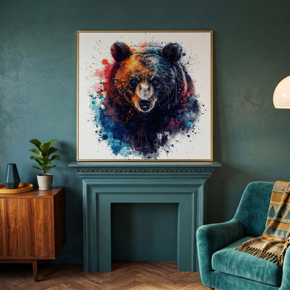 Abstract Grizzly Bear Face Canvas Wall Art in yellow gold floating frame
