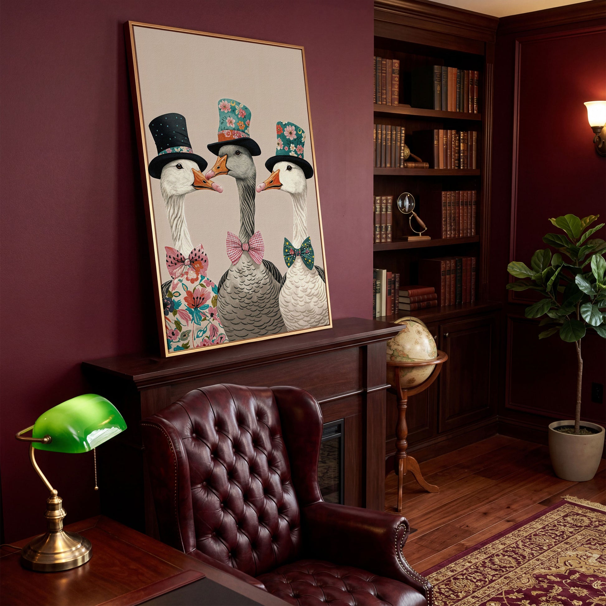 Three Dapper Geese in Top Hats Canvas Wall Art in antique gold floating frame