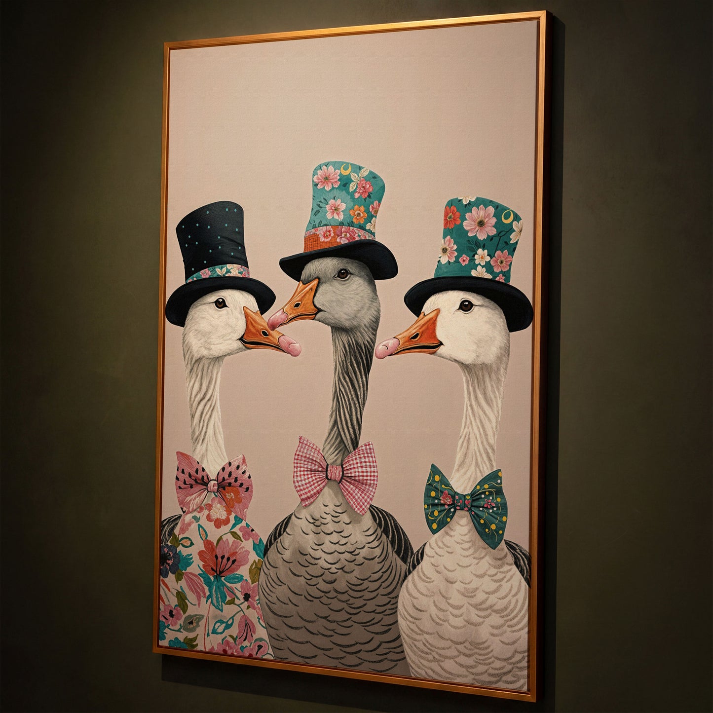 Three Dapper Geese in Top Hats Canvas Wall Art shown in antique gold floating frame