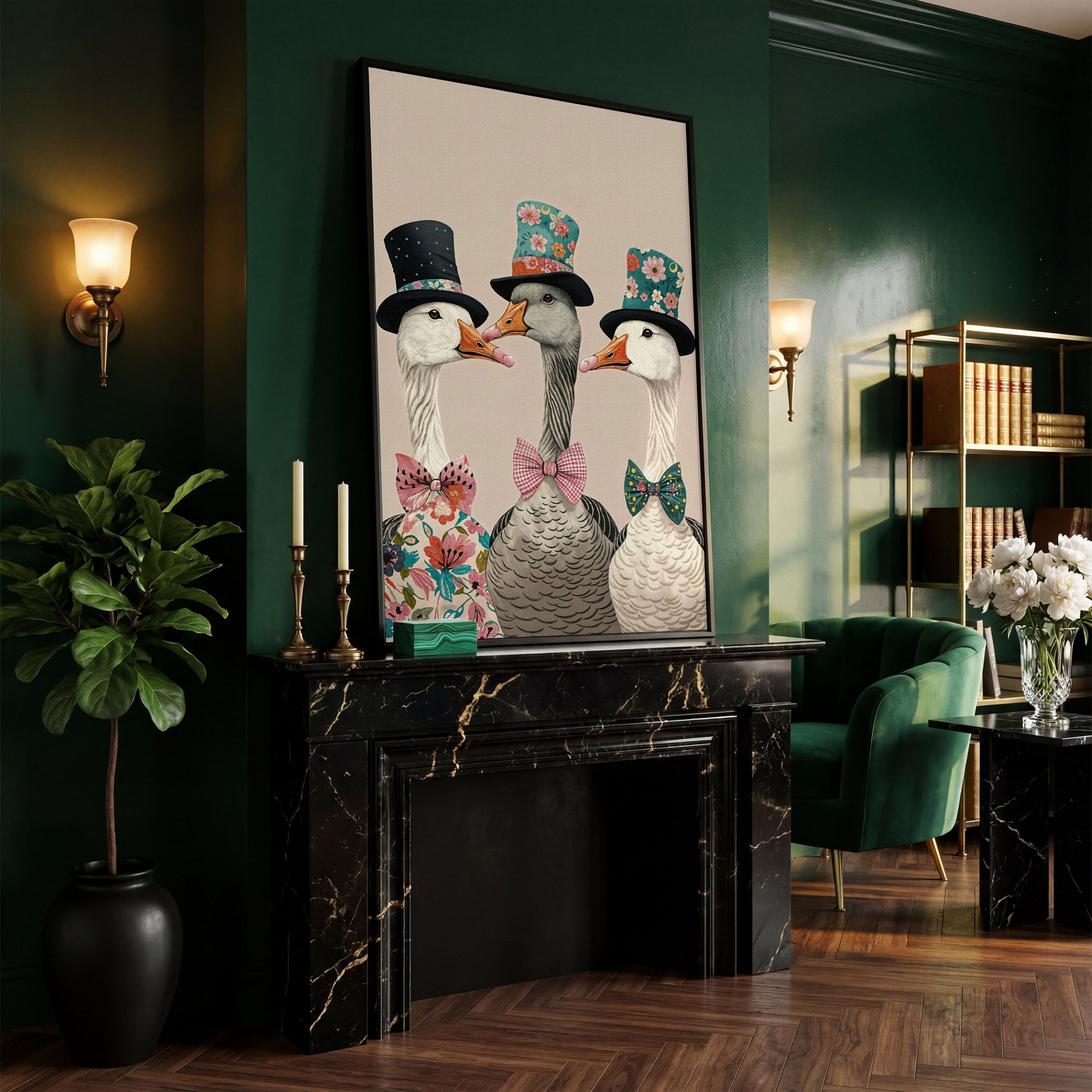 Three Dapper Geese in Top Hats Canvas Wall Art in black floating frame