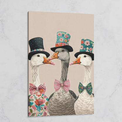 Three Dapper Geese in Top Hats Canvas Wall Art on gallery wrap