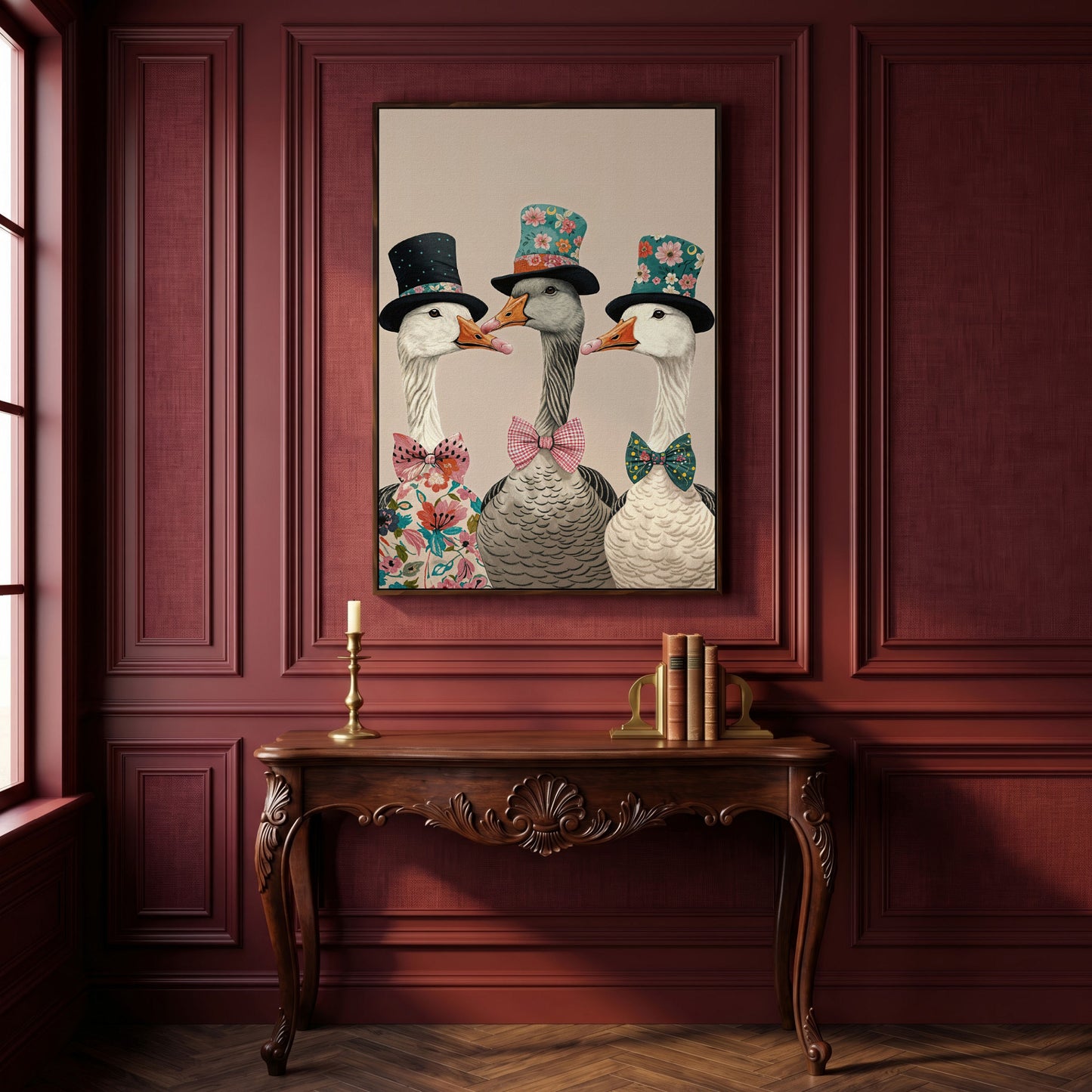 Three Dapper Geese in Top Hats Canvas Wall Art in dark walnut floating frame