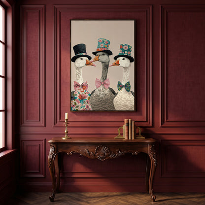 Three Dapper Geese in Top Hats Canvas Wall Art in dark walnut floating frame