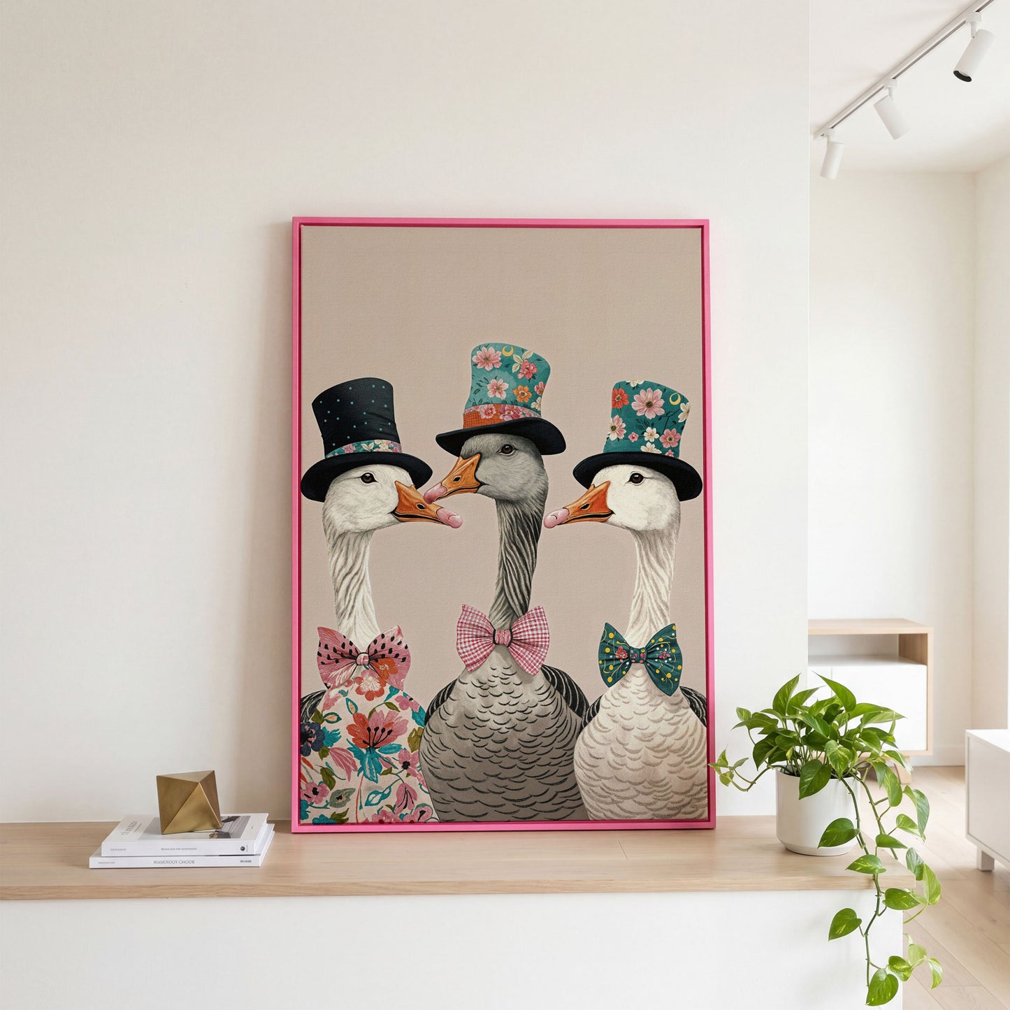 Three Dapper Geese in Top Hats Canvas Wall Art in pink floating frame