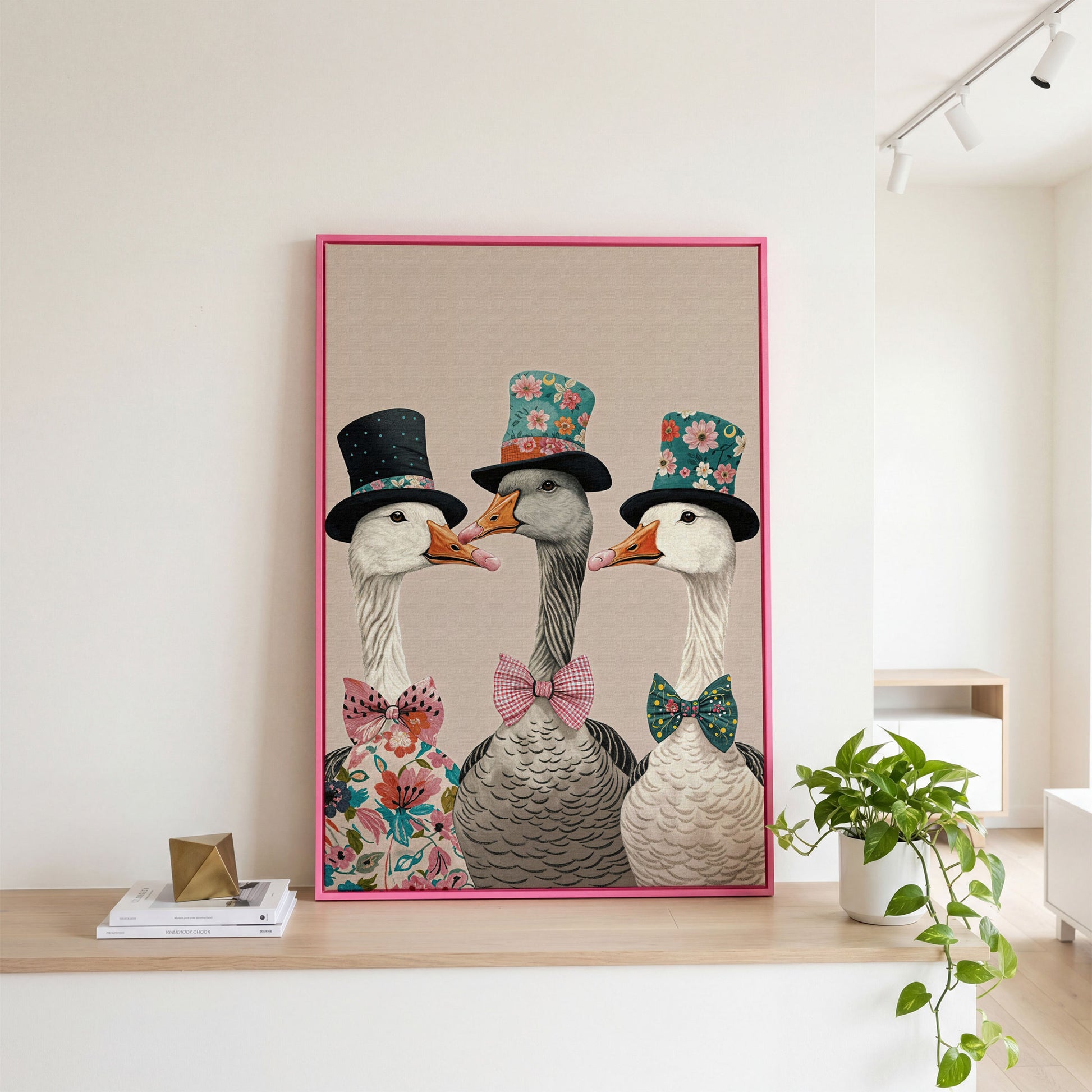 Three Dapper Geese in Top Hats Canvas Wall Art in pink floating frame
