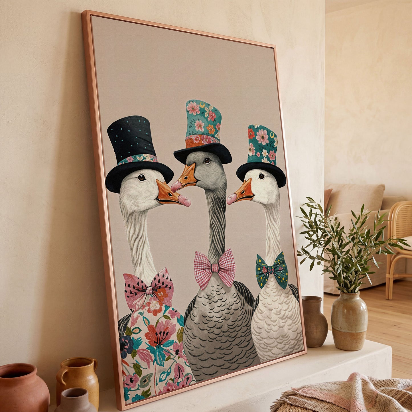 Three Dapper Geese in Top Hats Canvas Wall Art in rose gold floating frame