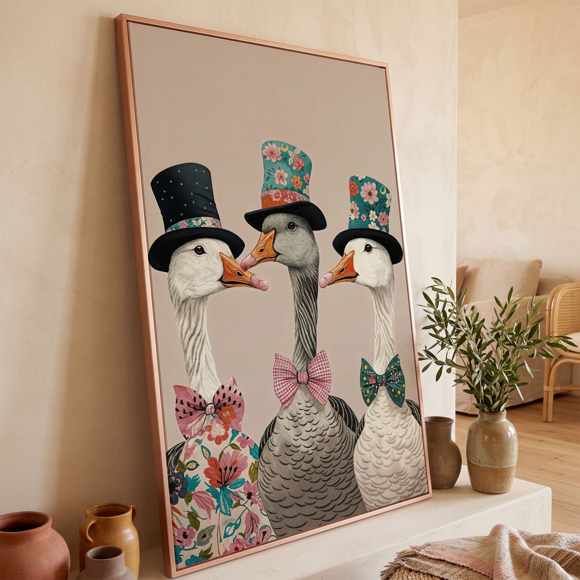 Three Dapper Geese in Top Hats Canvas Wall Art in rose gold floating frame