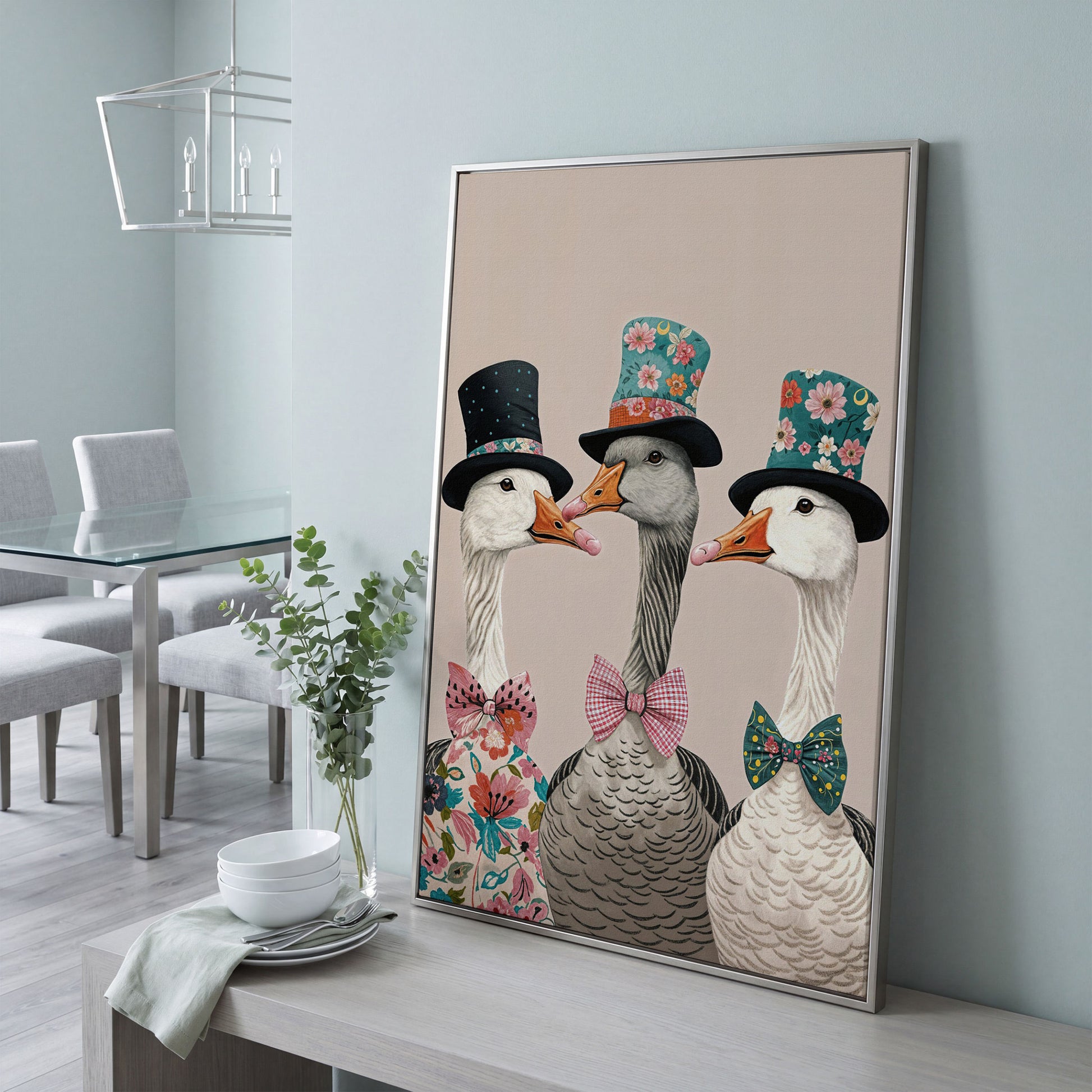 Three Dapper Geese in Top Hats Canvas Wall Art in silver floating frame