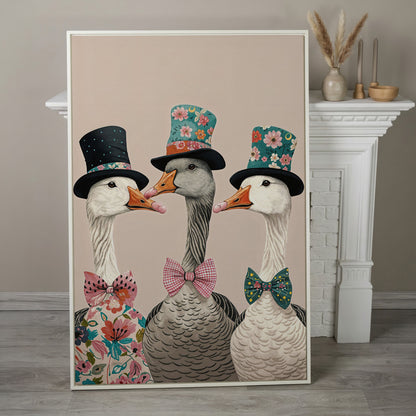 Three Dapper Geese in Top Hats Canvas Wall Art in white floating frame