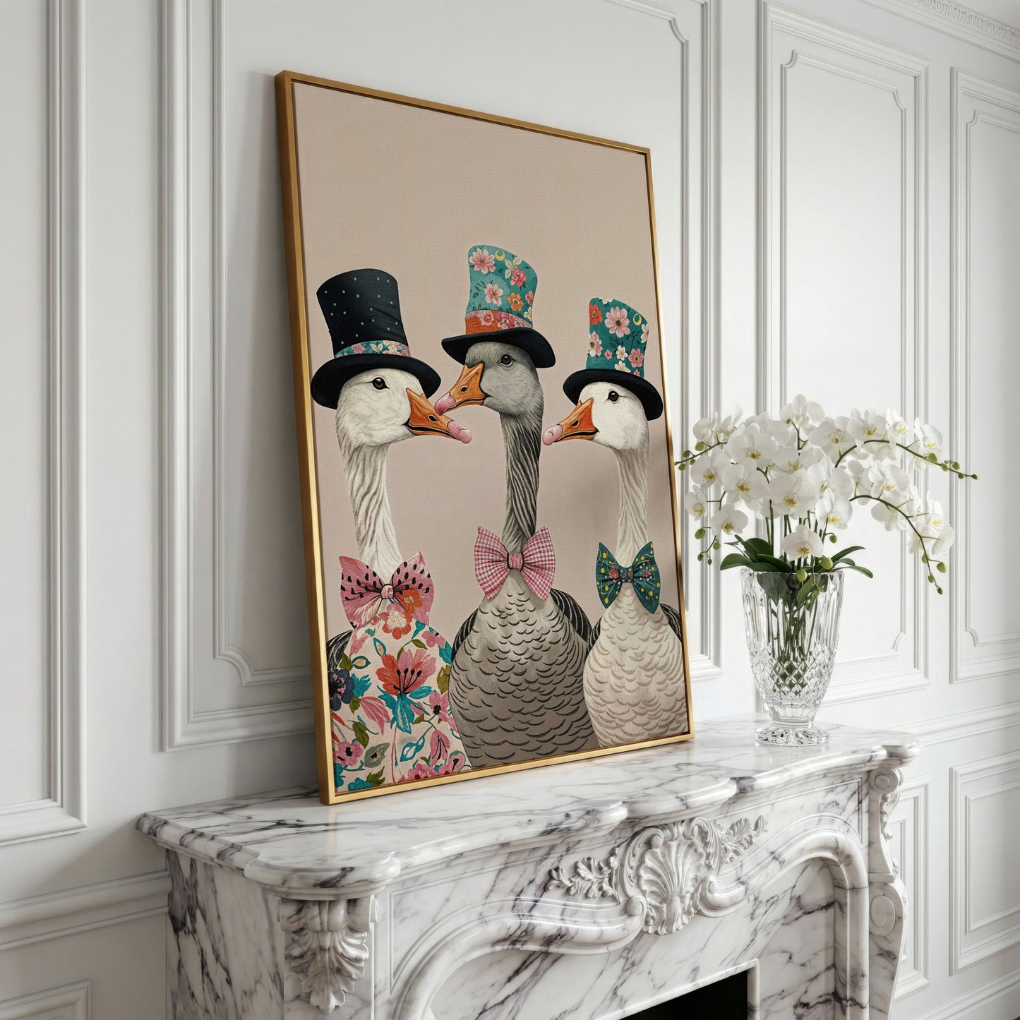 Three Dapper Geese in Top Hats Canvas Wall Art in yellow gold floating frame