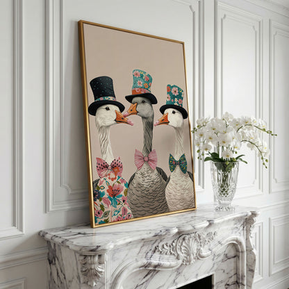 Three Dapper Geese in Top Hats Canvas Wall Art in yellow gold floating frame