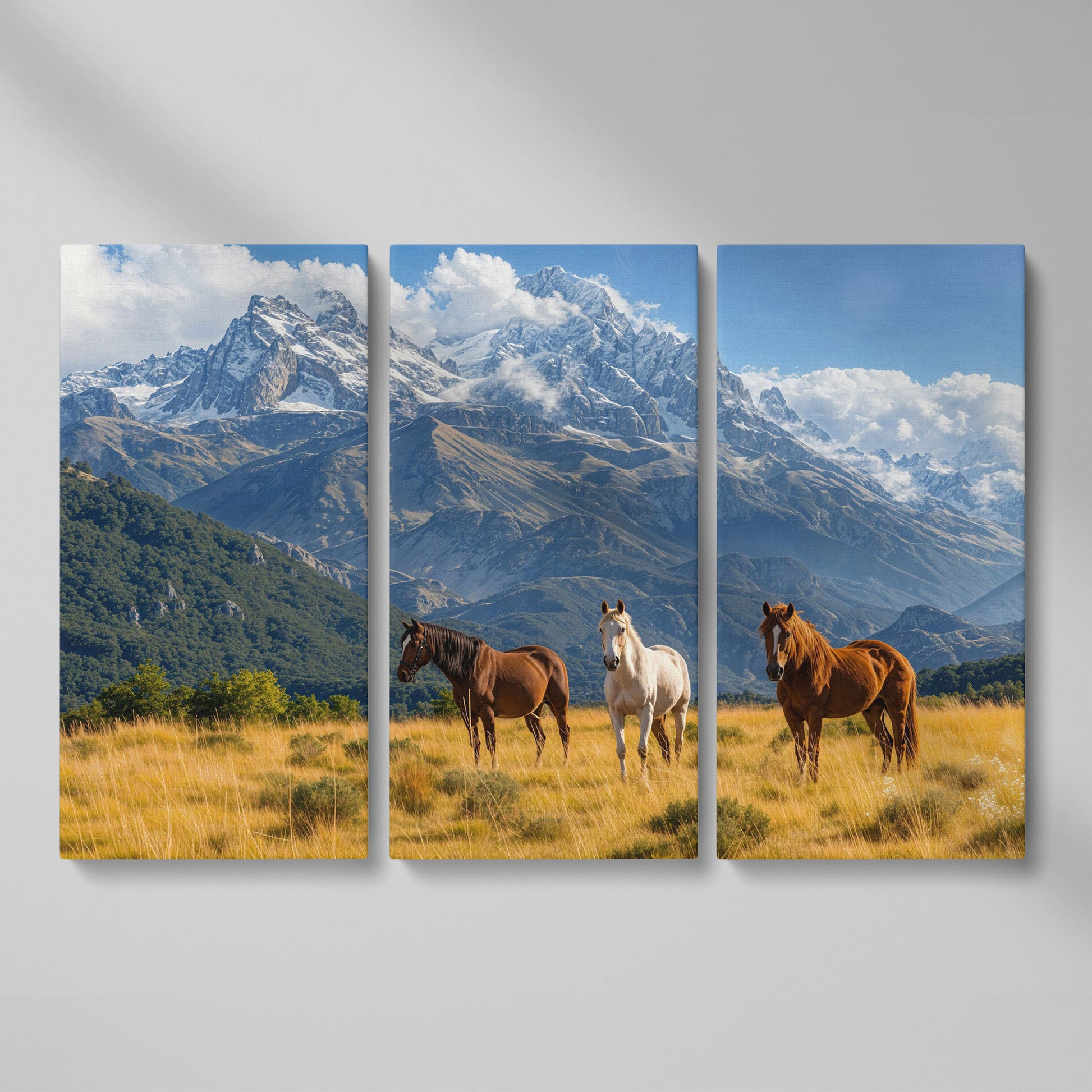 Grazing Horses in Alpine Light Canvas as 3-panel split version