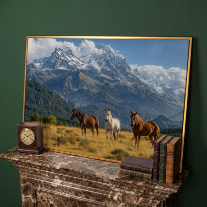 Grazing Horses in Alpine Light Canvas in antique gold floating frame