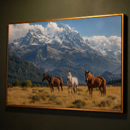 Grazing Horses in Alpine Light Canvas shown in antique gold floating frame